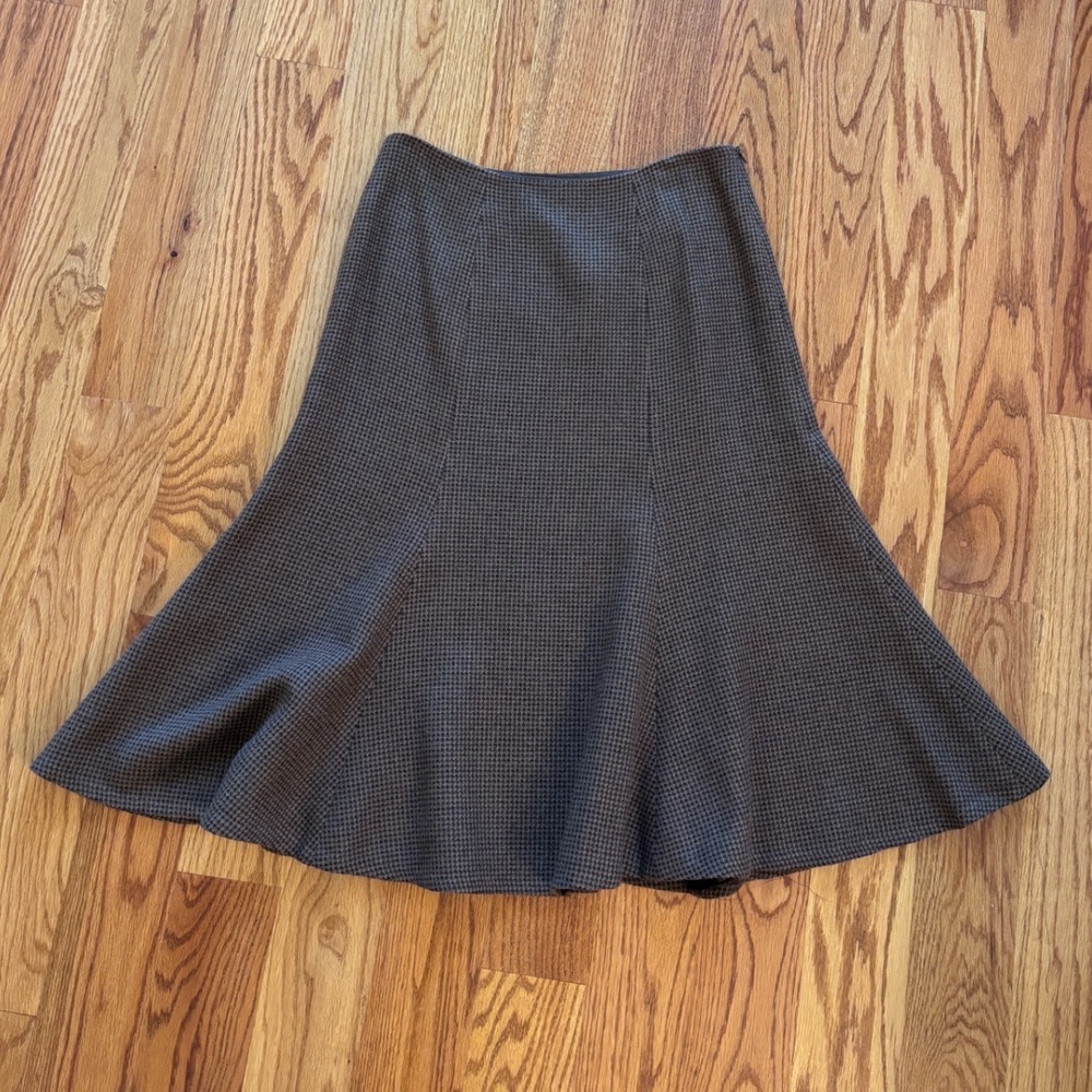Lauren Ralph Lauren Brown Houndstooth Wool Midi Skirt Paneled A-Line Size 10